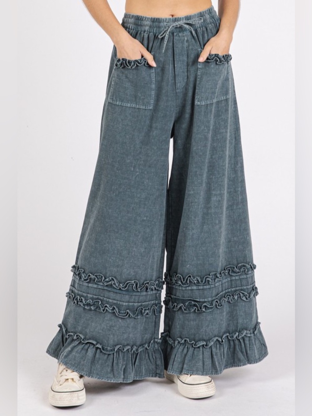 Mittoshop Blue Ruffle Trim Wide Leg Boho Pants Size Large Pull On Elastic Waist